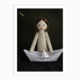 Stick Doll Exhibiting A Melancholic Expression Clutching A Paper Boat Set Against A Desaturated Art Print