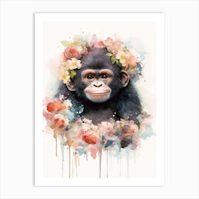 Gorilla Art With Flowers Watercolour Nursery 6 Art Print