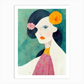 Portrait Of A Woman With A Flower In Her Hair Art Print