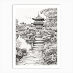 Ritsurin Garden In Kagawa, Ukiyo E Black And White Line Art Drawing 2 Art Print