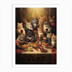 Medieval Cats Feasting On Wine & Fruit Art Print