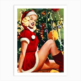 Pin Up Blond In Santa Claus Suit And A Christmas Tree Art Print