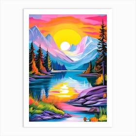 A beautiful and relaxing picture of nature, mountains, trees, a lake, where the water reflects sunlight, which adds beauty to the picture. Art Print