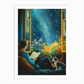 Girl Reading Book with Her Cat 18 Art Print