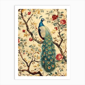 Cream Floral Vintage Peacock 1 Art Print