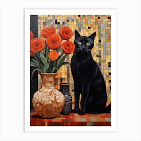 Black Cat With Roses Art Print