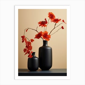 Two Black Vases With Red Flowers Art Print