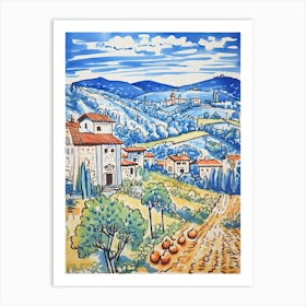 Italy, Tuscany Cute Illustration In Orange And Blue 1 Art Print