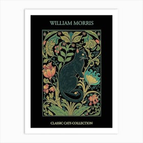 William Morris  Inspired Cats Collection Black Background Green Leaves Art Print