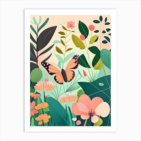 Butterfly In Botanical Gardens Scandi Cartoon 1 Art Print