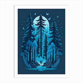 A Fantasy Forest At Night In Blue Theme 96 Art Print