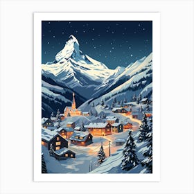 Winter Travel Night Illustration Zermatt Switzerland 2 Art Print