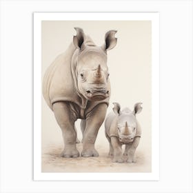 Rhino & Baby Rhino Detailed Illustration 4 Art Print