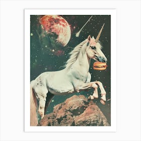 Unicorn In Space Eating A Cheeseburger Retro Art Print
