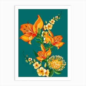 Orange Flowers On Teal Art Print