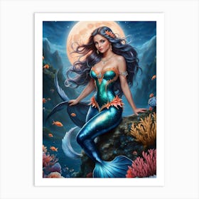 A Full Moon And A Beautiful Mermaid Art Print