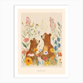 Folksy Floral Animal Drawing Brown Bear 3 Poster Art Print