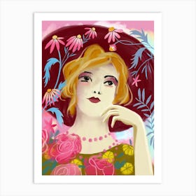 Lady With Hat And Flowers Portrait Art Print
