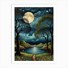 William Morris Rose Full Moon Over The Lake Art Print