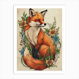 Amazing Red Fox With Flowers 9 Art Print