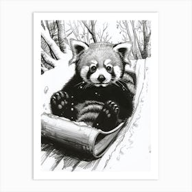 Red Panda Cub Sledding Down A Snowy Hill Ink Illustration 3 Art Print