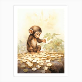 Monkey Painting Collecting Coins Watercolour 2 Art Print