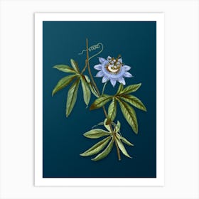 Vintage Blue Passionflower Botanical Art on Teal Blue n.0482 Art Print