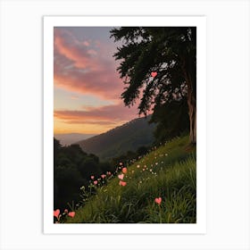 Sunset With Trees And Flowers Art Print