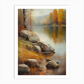 Autumn Lake,Forest Lake, Vintage Oil Painting, Farmhouse Wall Decorations, Antique Landscape, Vintage Landscape Oil Painting.1 Art Print