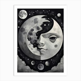 Moon And The Face Black and White Art Art Print