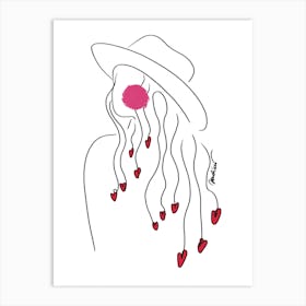 Minimalistic Girl With A Hat And Hearts Art Print