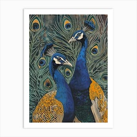 Blue Mustard Two Peacocks Portrait Art Print