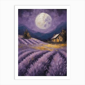 Full Moon Over The Lavender Fields - Dark Gloomy Beautiful Enchanting Feature Art Wall Decor - Flowers Art Print