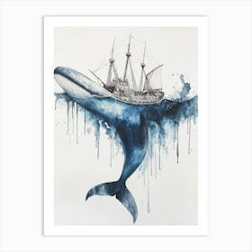 A Watercolor Painting Of A Whale With An Old Sailing Ship Art Print