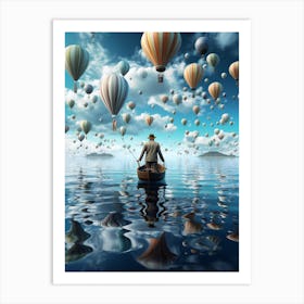 Man In A Boat With Hot Air Balloons Art Print