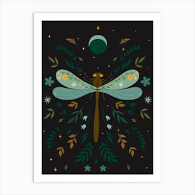 Moon and Dragonfly Scandinavian Folk Art Print