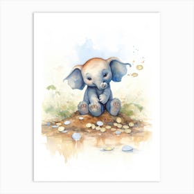Elephant Painting Collecting Coins Watercolour 4 Art Print