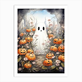 Cute Bedsheet Ghost, Botanical Halloween Watercolour 40 Art Print