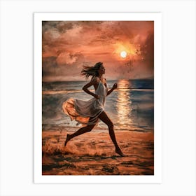 Woman Running On The Beach Art Print