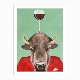 Buffalo With Wineglass Green & Red Art Print