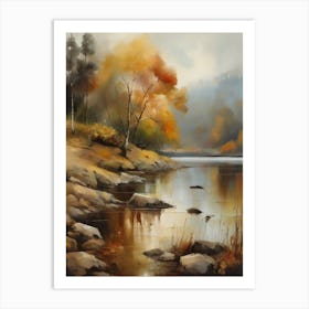 Autumn Lake,Forest Lake, Vintage Oil Painting, Farmhouse Wall Decorations, Antique Landscape, Vintage Landscape Oil Painting.12 Art Print