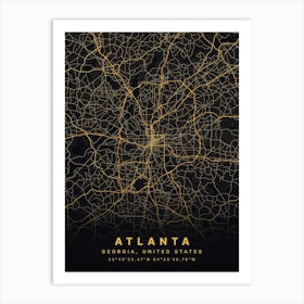 Atlanta Georgia USA Black And Gold Map Art Print