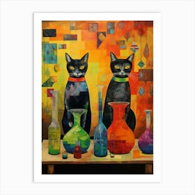 Two Black Cats With Colours In An Alchemy Patchwork Art Print