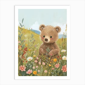Brown Bear Cub In A Field Of Flowers Storybook Illustration 1 Art Print
