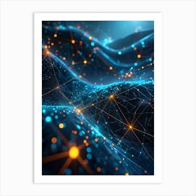 Cybernetic Abstract Concept Art Featuring A Network Of Luminous Dots And Waves Polygons And Streams (6) Art Print