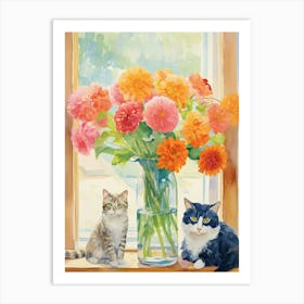 Cat With Zinnia Flowers Watercolor Mothers Day Valentines 2 Art Print