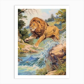 Barbary Lion Crossing A River Illustration 3 Art Print