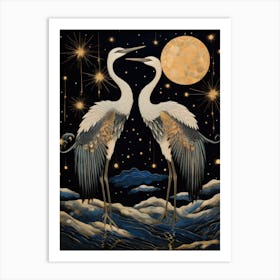 Two Cranes At Night 1 Art Print