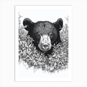 Malayan Sun Bear Hiding In Bushes Ink Illustration 4 Art Print