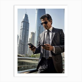 Businessman Engrossed In Galloping Through A Bustling Cityscape Taps Away On His Sleek Smartphone Art Print